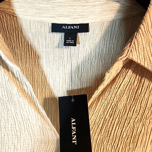 Womens Alfani Blouse Large Short Sleeved Neutral Tone Rouch Front Collar Busines - Picture 2 of 8